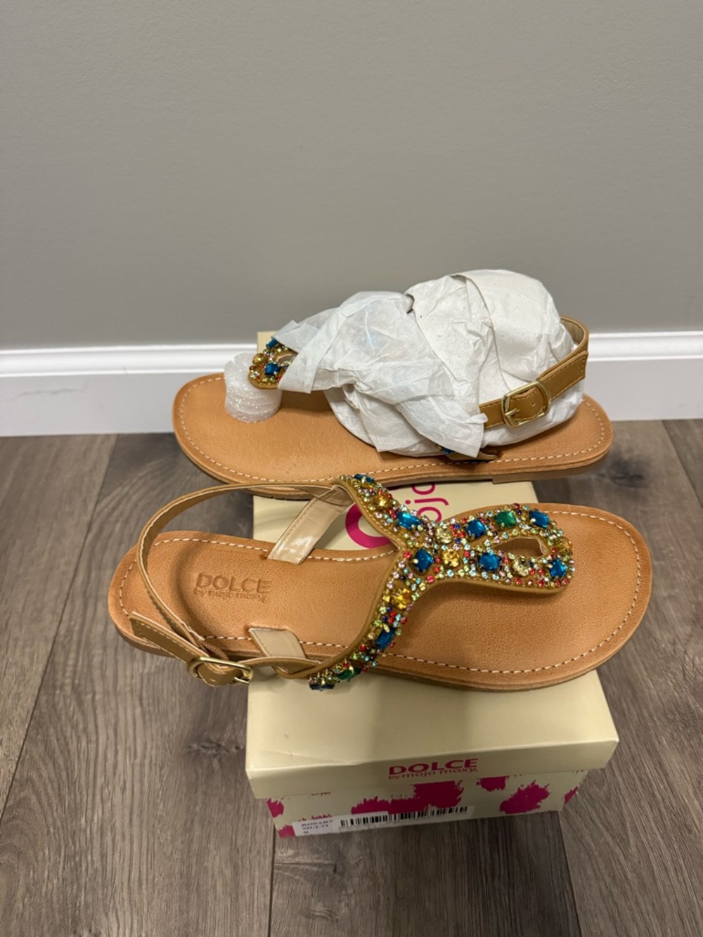 Mojo Moxy Tan Jeweled T-Strap Sandals with Multicolor Gems